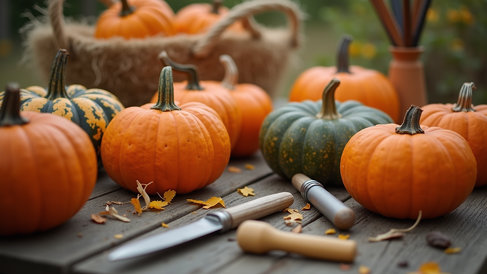 Close-up view of pumpkin carving contest setup with tools and pumpkins