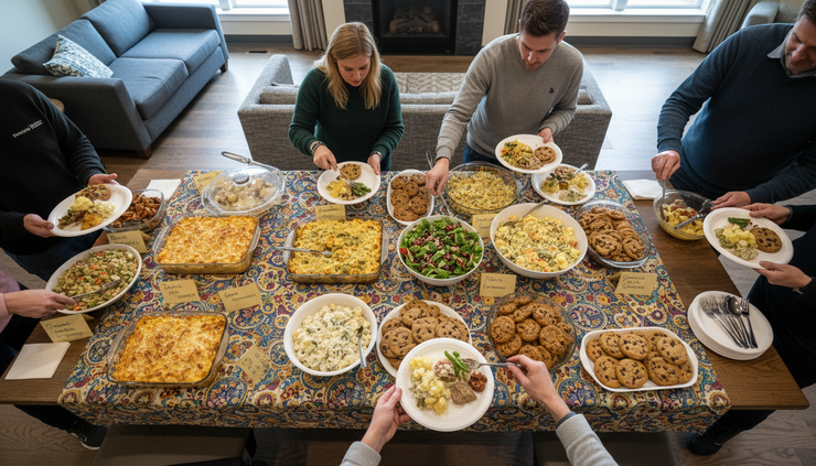 Overhead view of a community potluck table filled with homemade dishes.