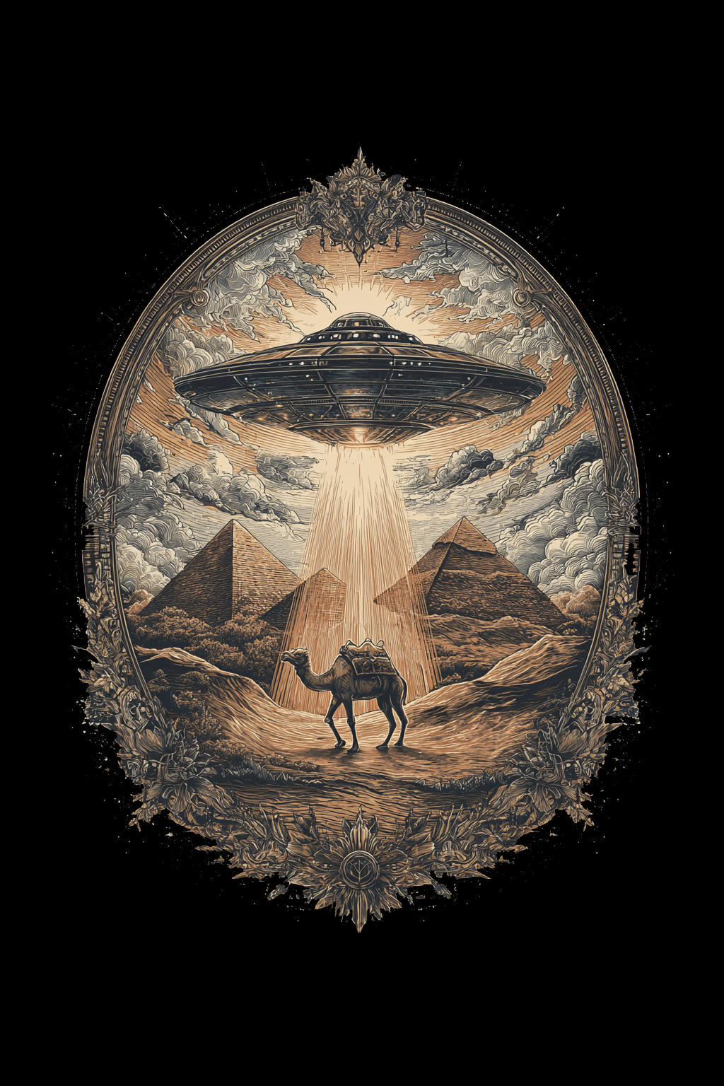 UFO descending in light over pyramids with lone camel.