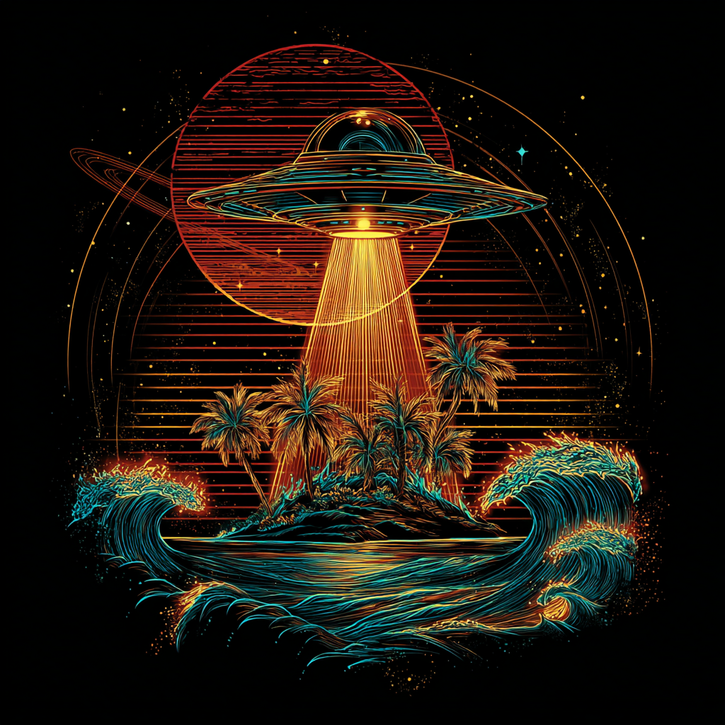 Close-up of UFO Island alien saucer beaming over a tropical island beach scene tee.