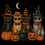Thumbnail: Vintage witch cats with pumpkins and cauldron under moon.