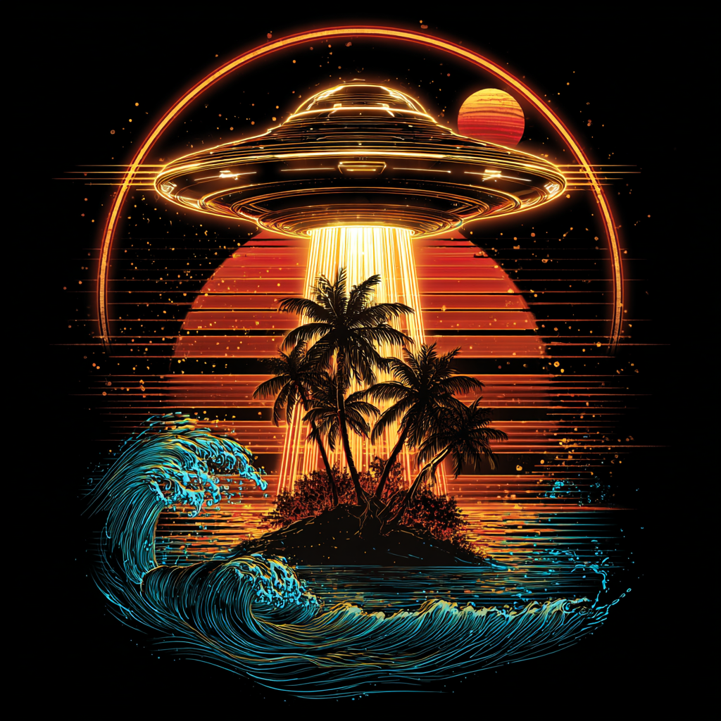 Close-up of UFO Island alien saucer beaming over a tropical island beach scene tee.