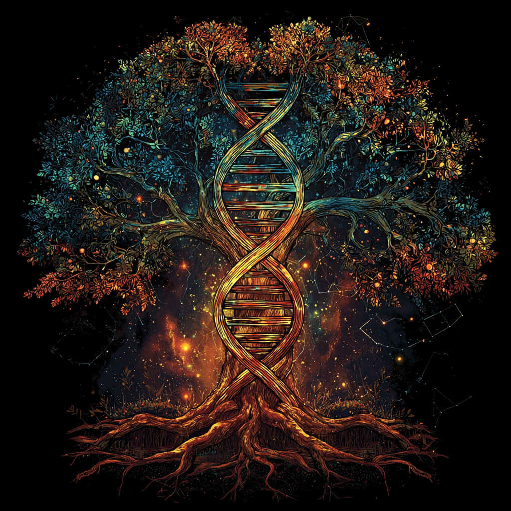 Close-up of DNA Tree helix graphic on premium cotton tee.
