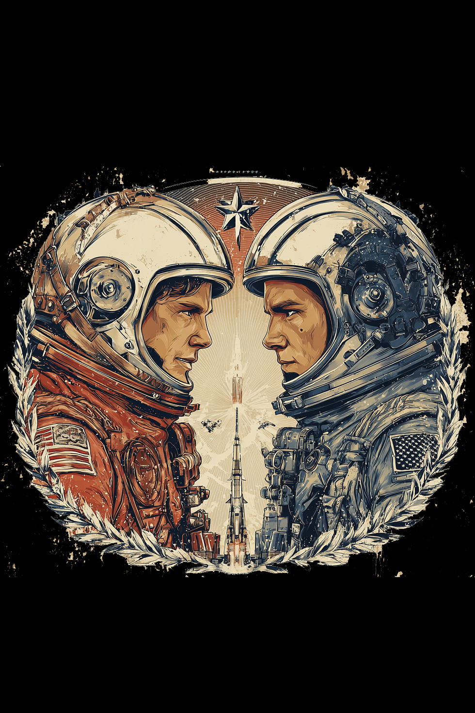 Steampunk-style Gemini-inspired artwork showing two astronauts facing each other and a rocket launching in the distance.