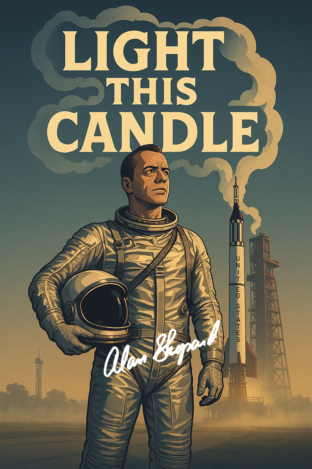 Alan Shepard Light This Candle artwork showing astronaut and rocket with quote “light this candle” in retro NASA style.