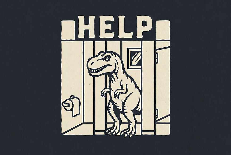 Cream-and-black T-Rex sitting between two tall pillars, a roll of toilet paper on the wall out of reach and the word “Help.”
