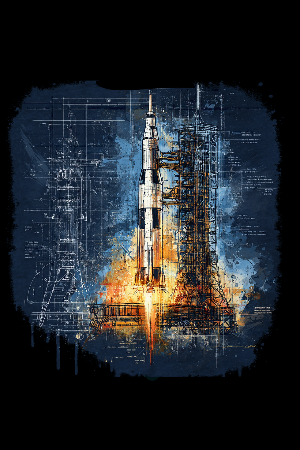 Close-up detail of Apollo Rocket Blueprint diagram graphic on tee – Saturn V style engineering drawing.
