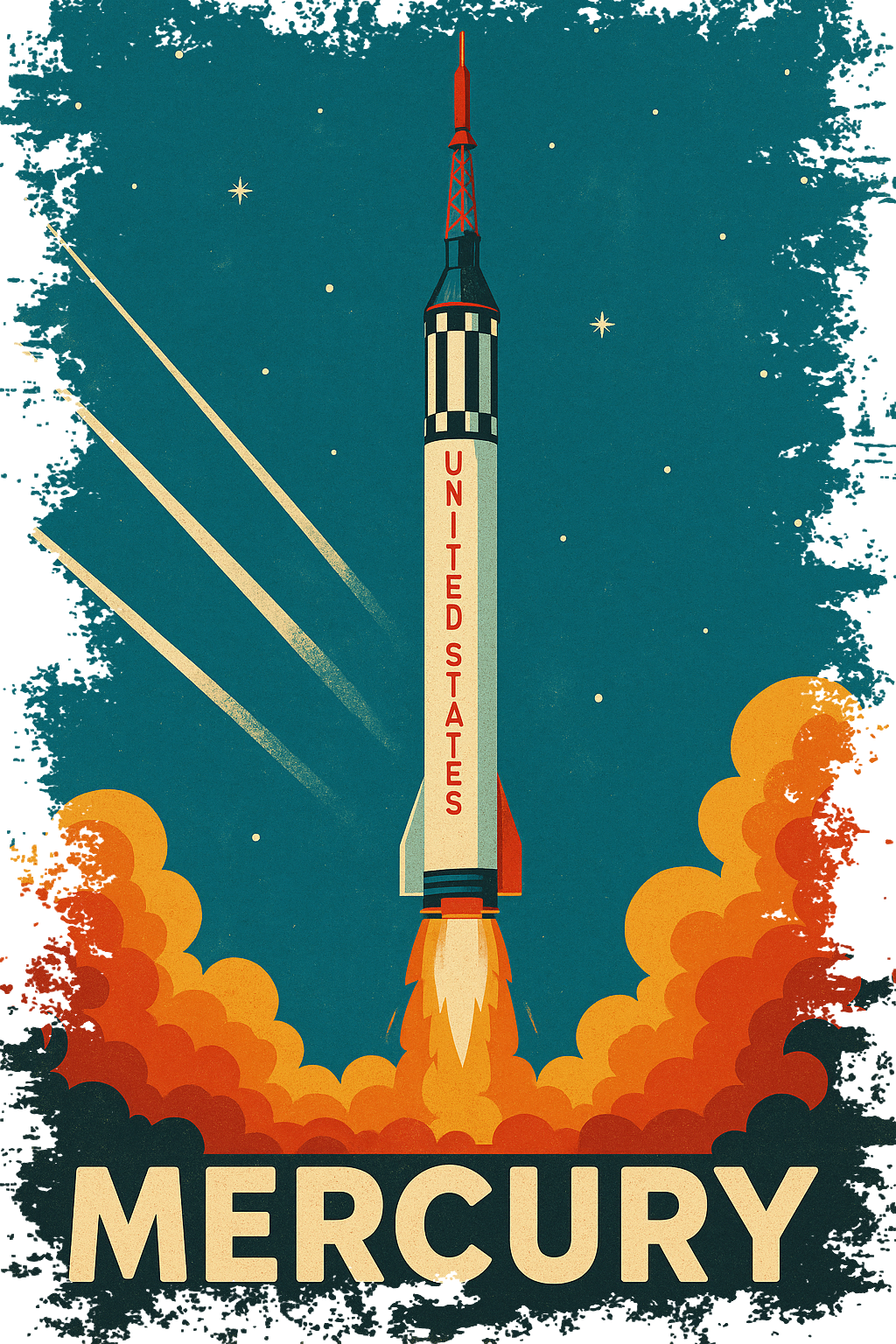 Mercury-Redstone Rocket Launch artwork – rocket rising against tropical-colored sky with stars in a retro NASA-style poster.