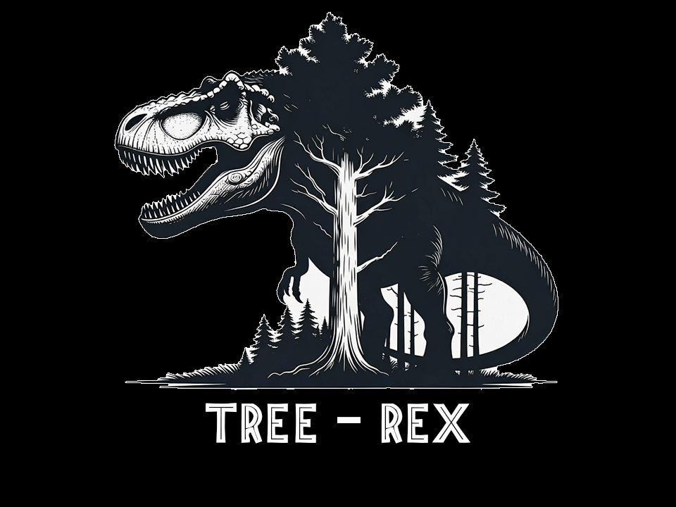 Tree-Rex dinosaur graphic: grayscale T-Rex “hiding” behind a tall redwood with conifer silhouettes, and white text “Tree-Rex”