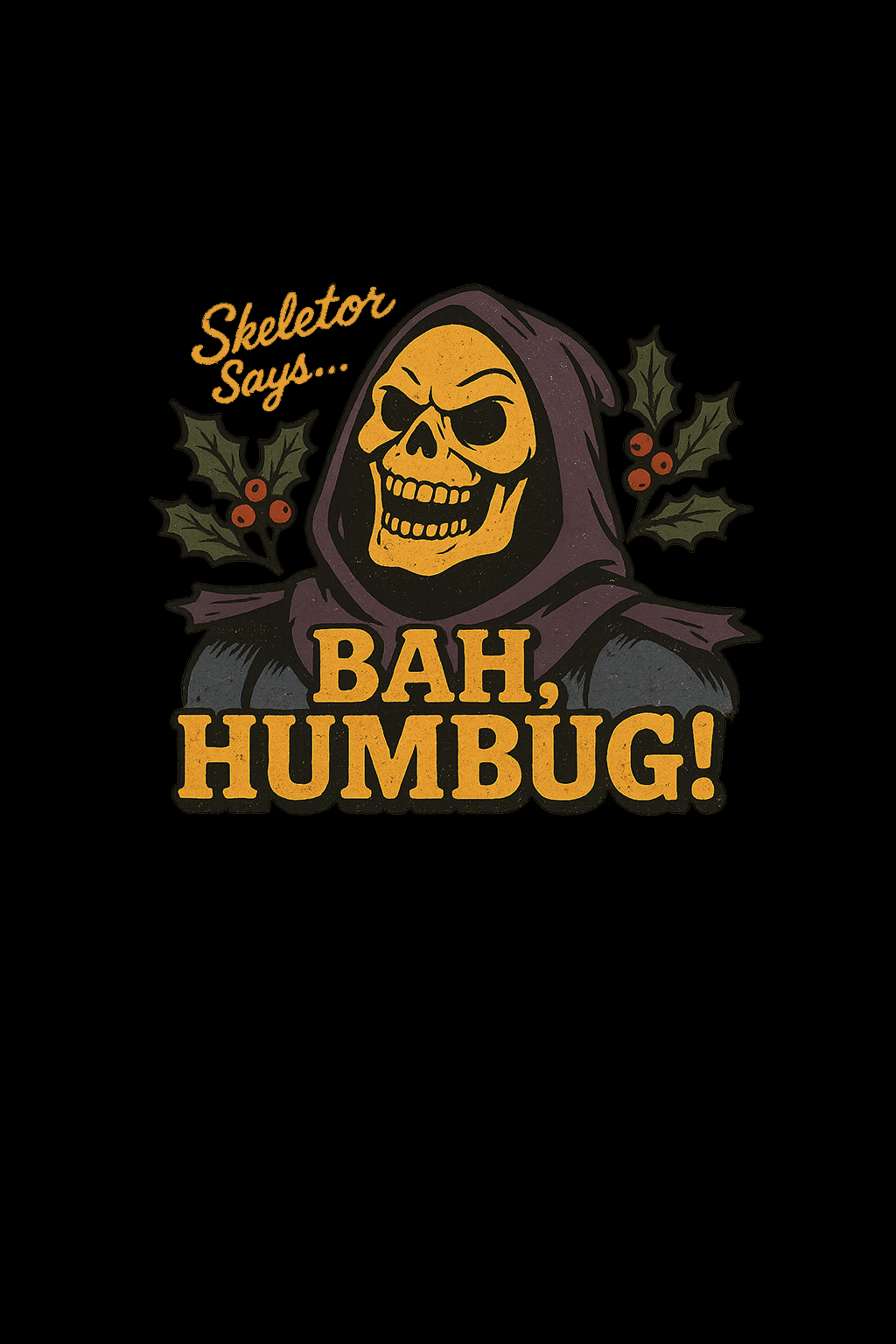 Close-up detail of Skeletor Says Bah Humbug holiday print on unisex black cotton tee.