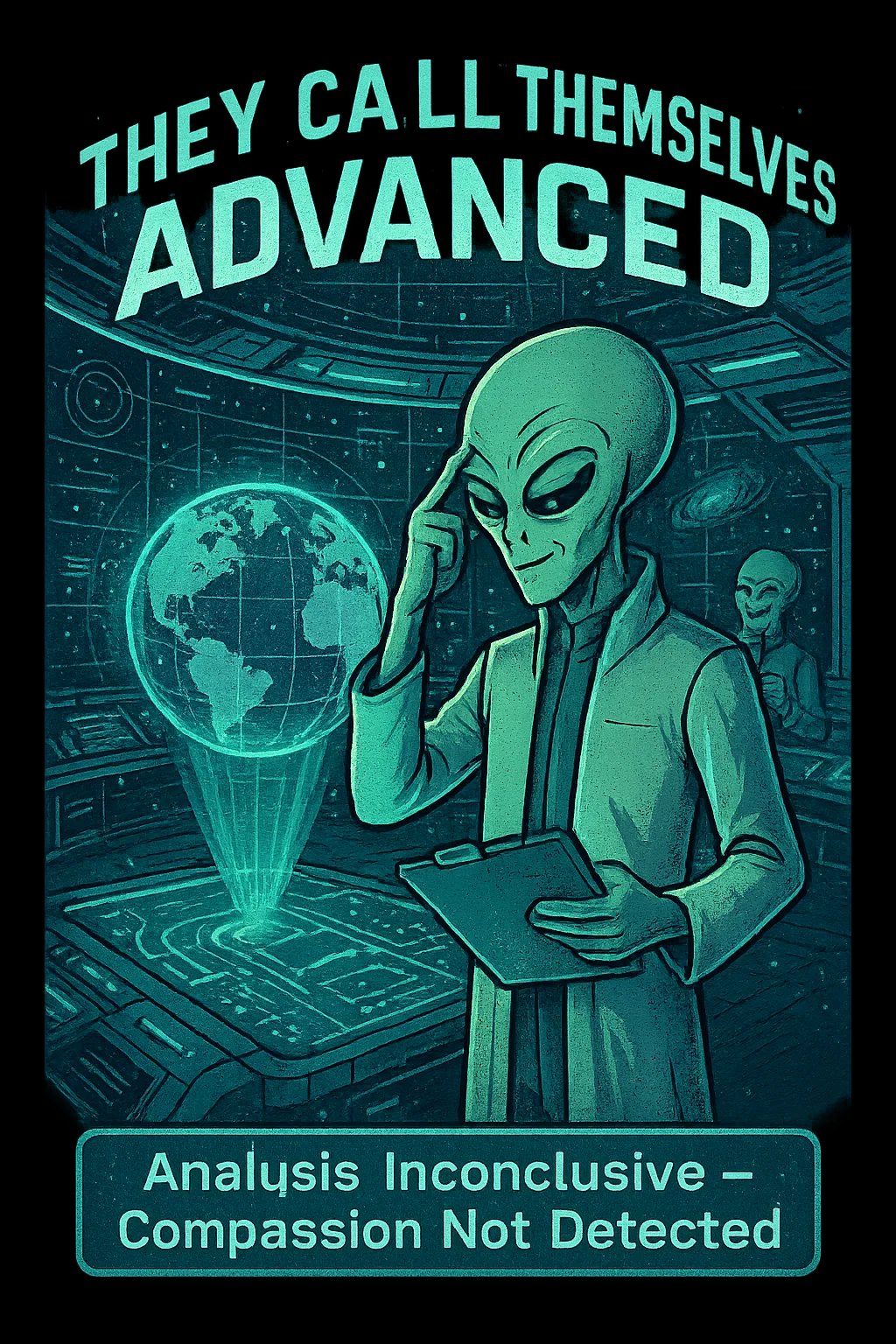 Alien researcher views an Earth hologram and says “They call themselves advanced.” Analysis says “Compassion Not Detected.”