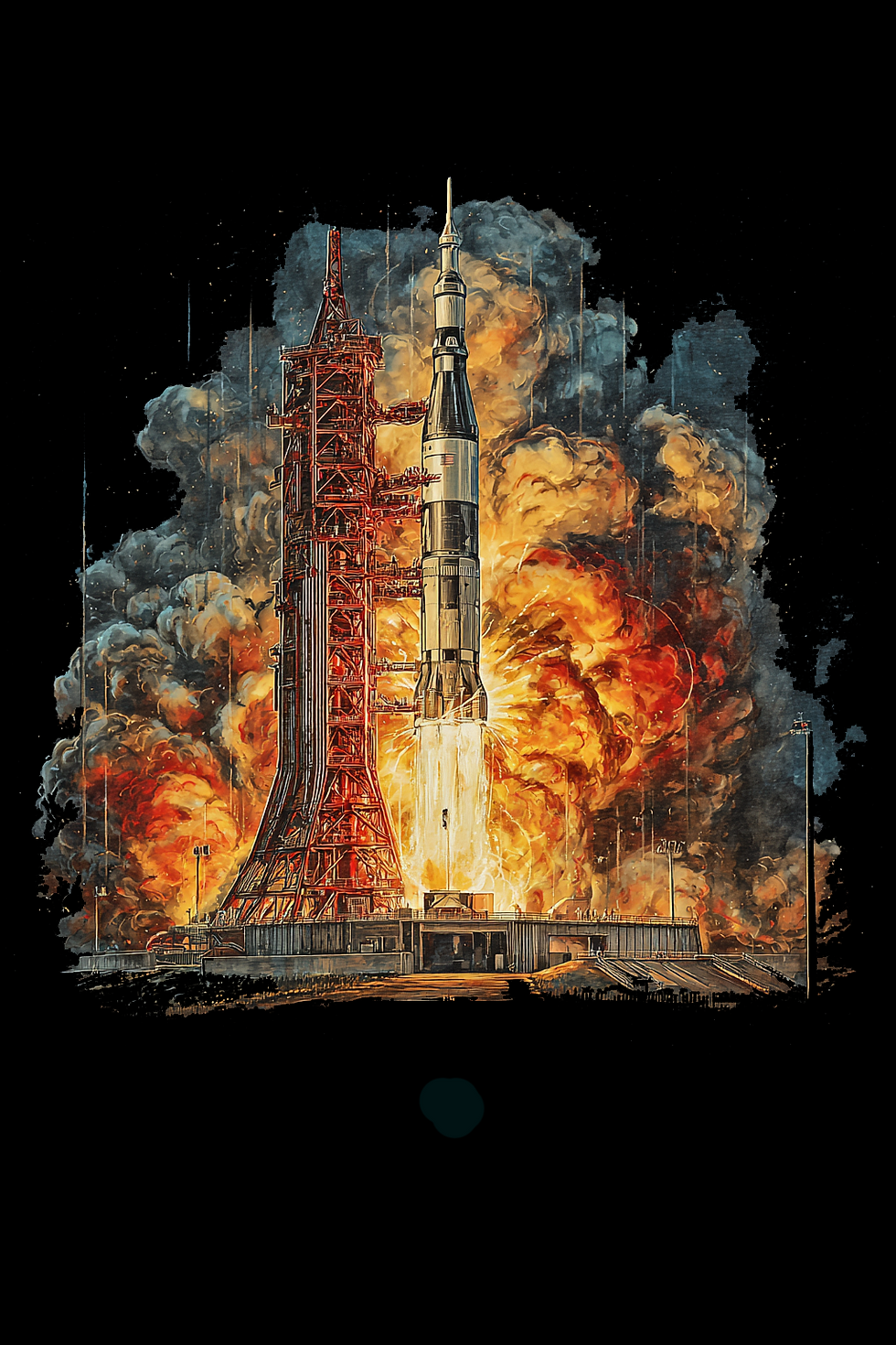 Close-up of Saturn V rocket blasting off graphic on the Apollo Rocket Launch premium cotton tee.