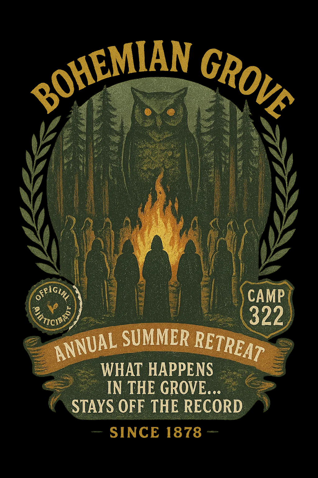Conspiracy graphic tee featuring vintage owl and forest ritual imagery with text about Bohemian Grove summer retreat.