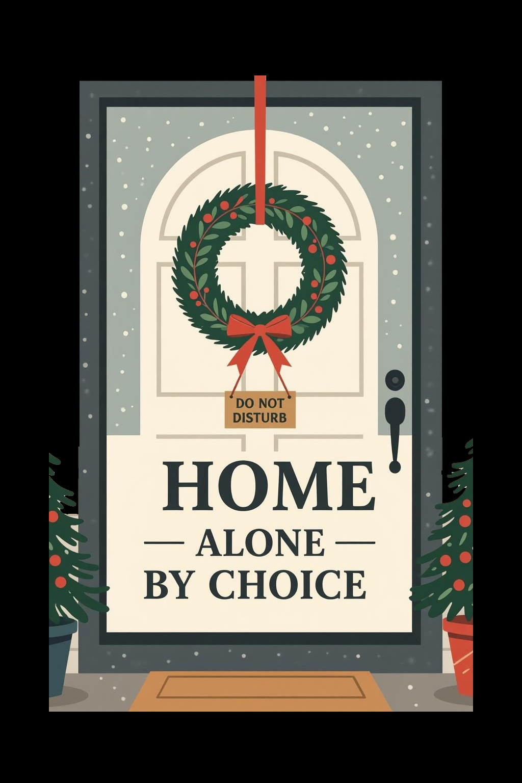 Close-up detail of holiday Home Alone By Choice print on unisex black cotton tee.
