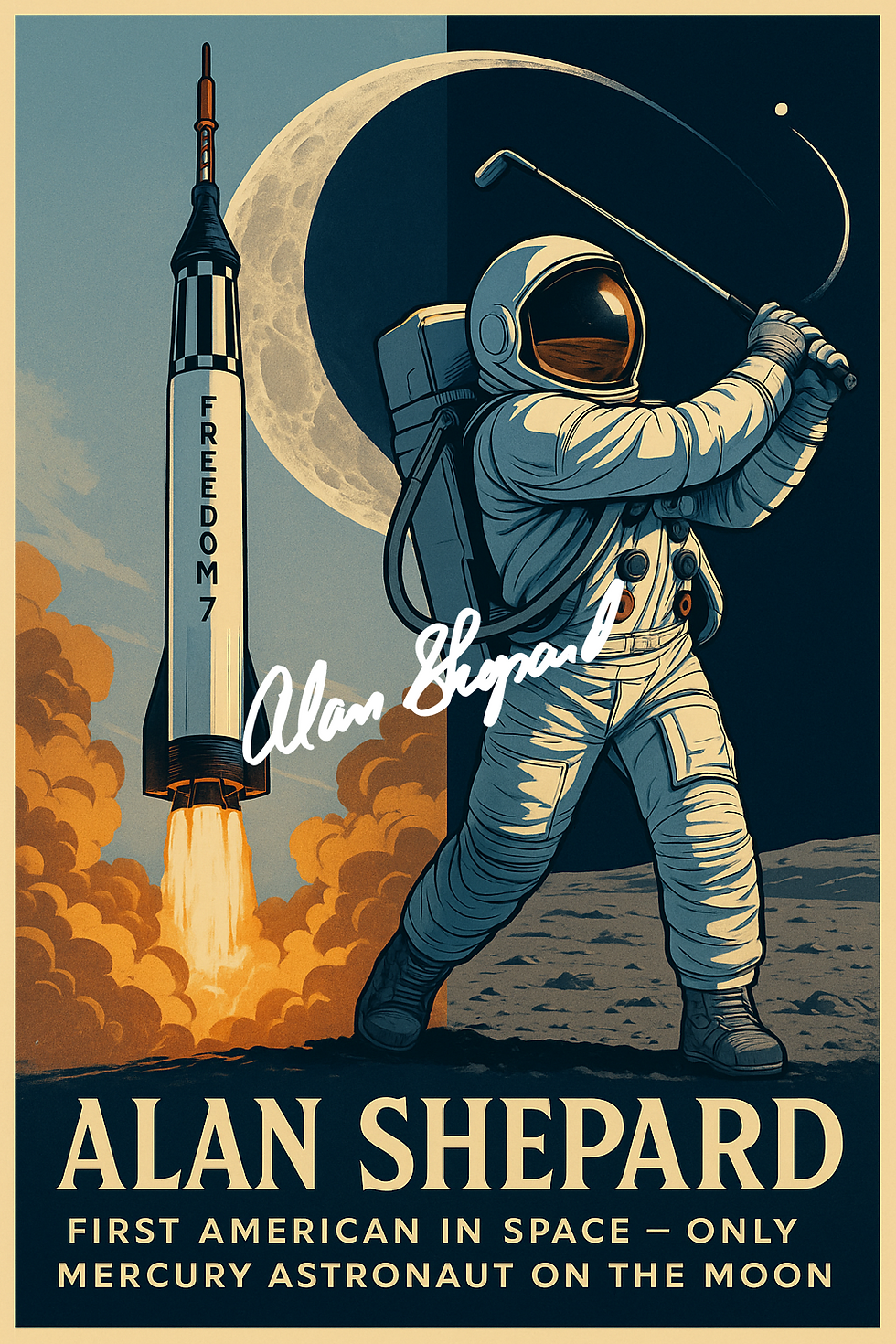 Poster-style Alan Shepard tribute featuring text “First American in space – only Mercury astronaut on the Moon.”