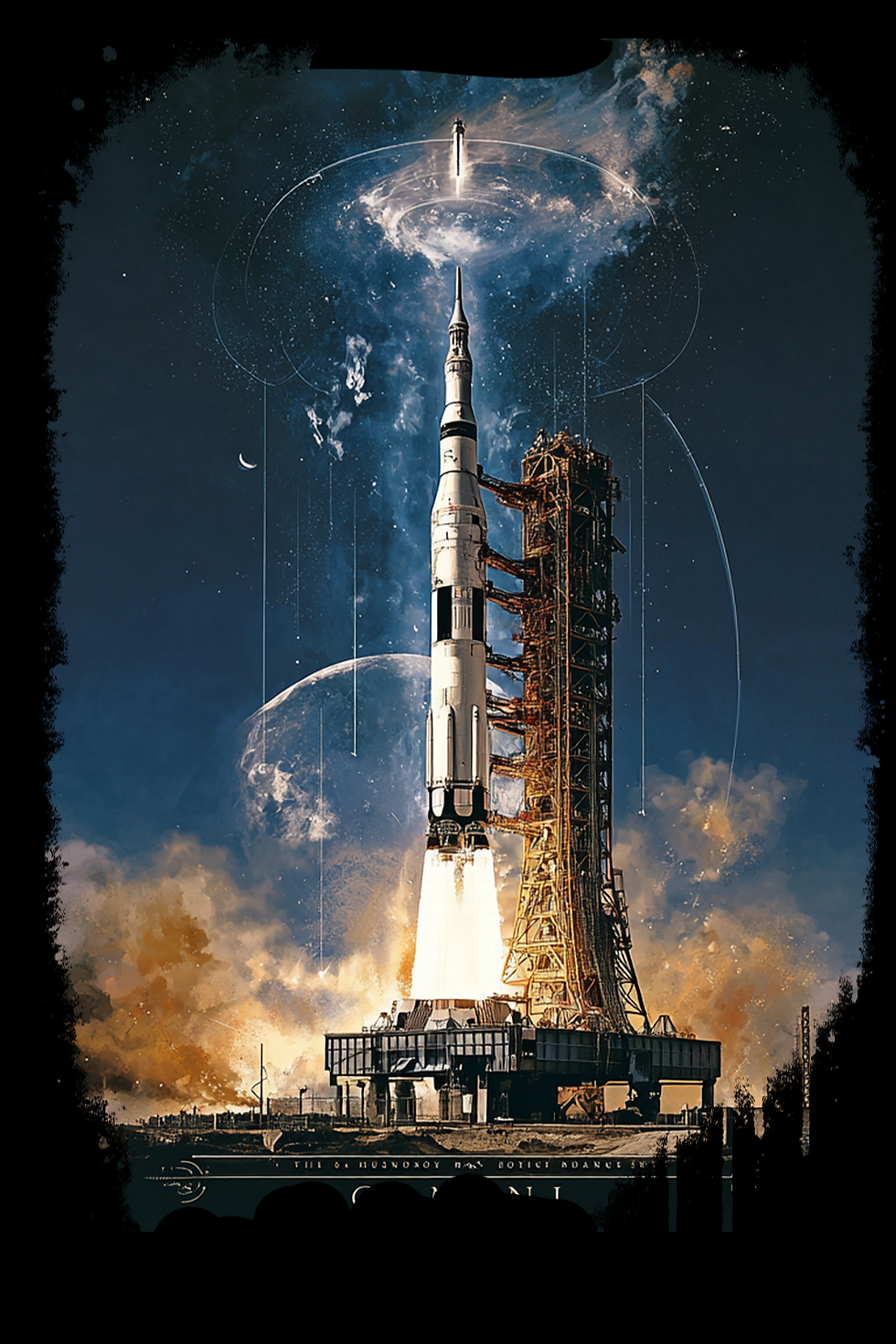 Close-up of Saturn V rocket blasting off graphic on the Apollo Rocket Launch premium cotton tee.