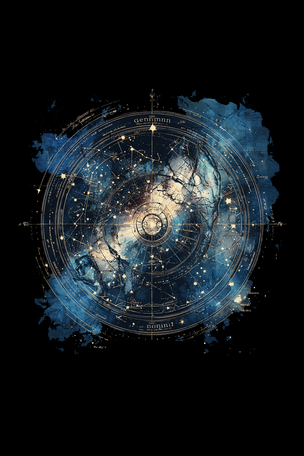 Close-up of celestial chart star map graphic on tee by The OuterMoo.