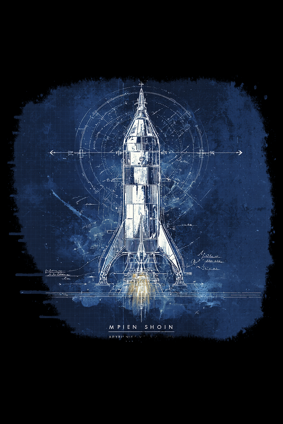 Close-up of artistic rocket blueprint schematic design detail on tee.