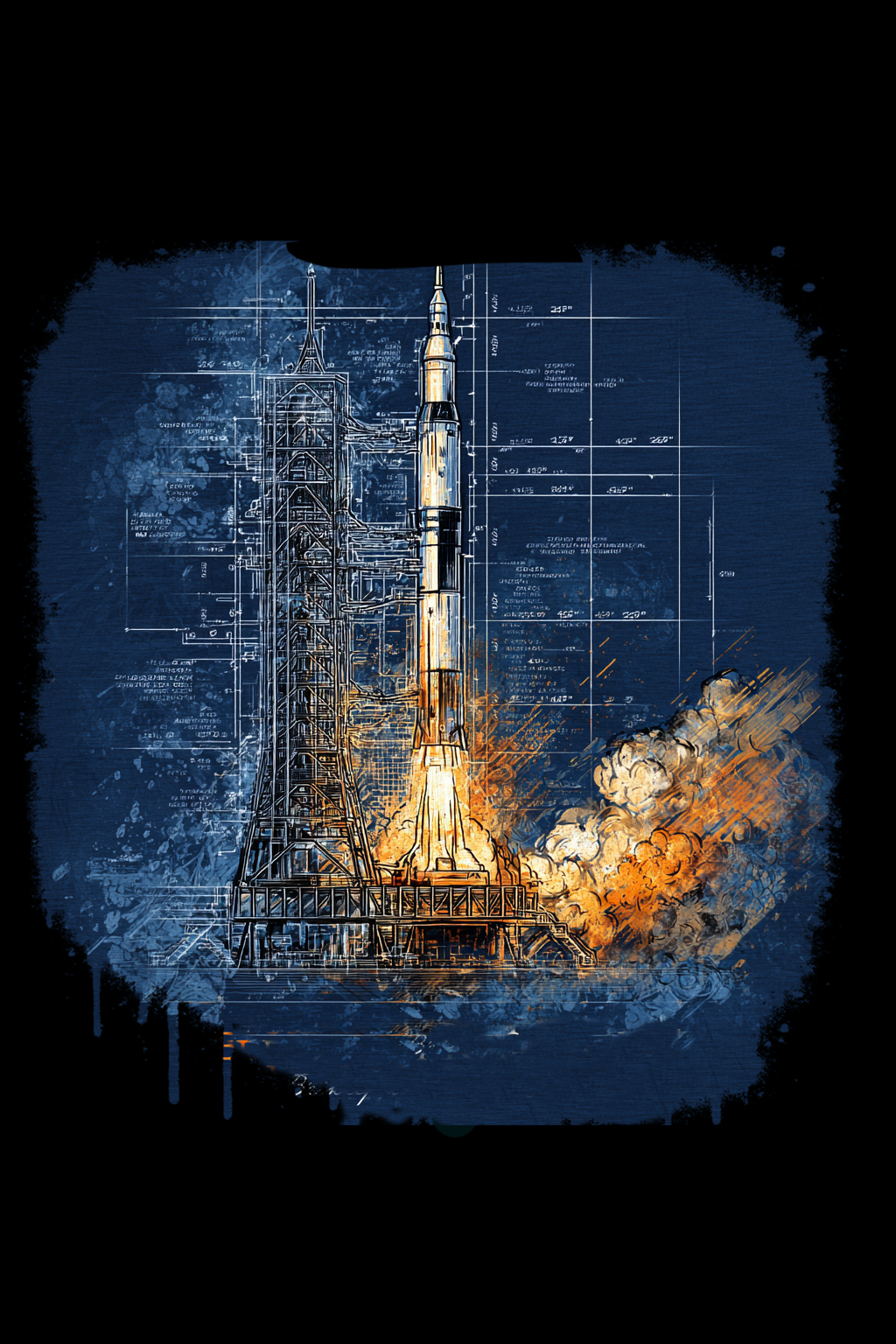 Close-up detail of Apollo Rocket Blueprint diagram graphic on tee – Saturn V style engineering drawing.