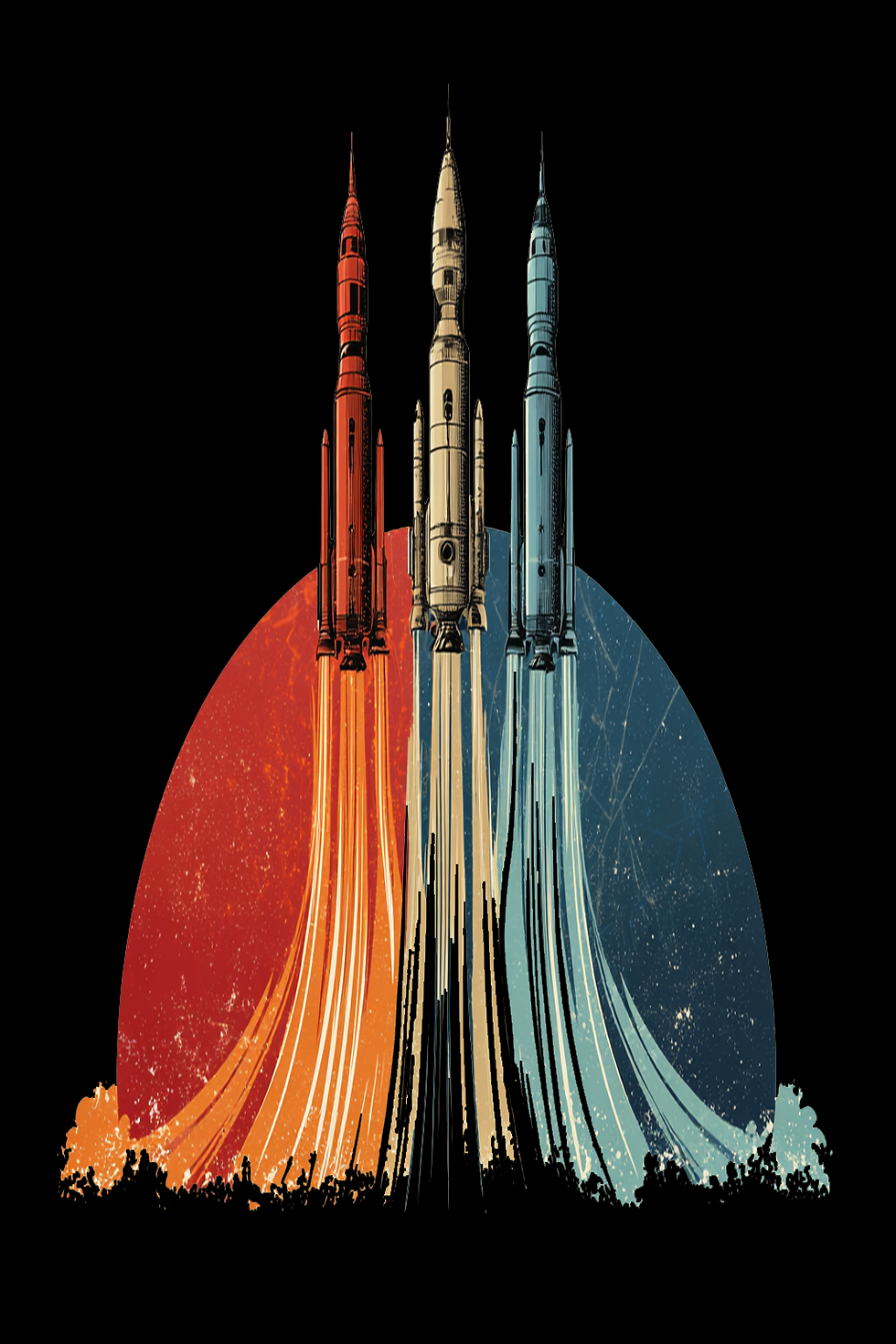 Close-up of three rockets blasting off graphic on the Retro Rocket Launch premium cotton tee.