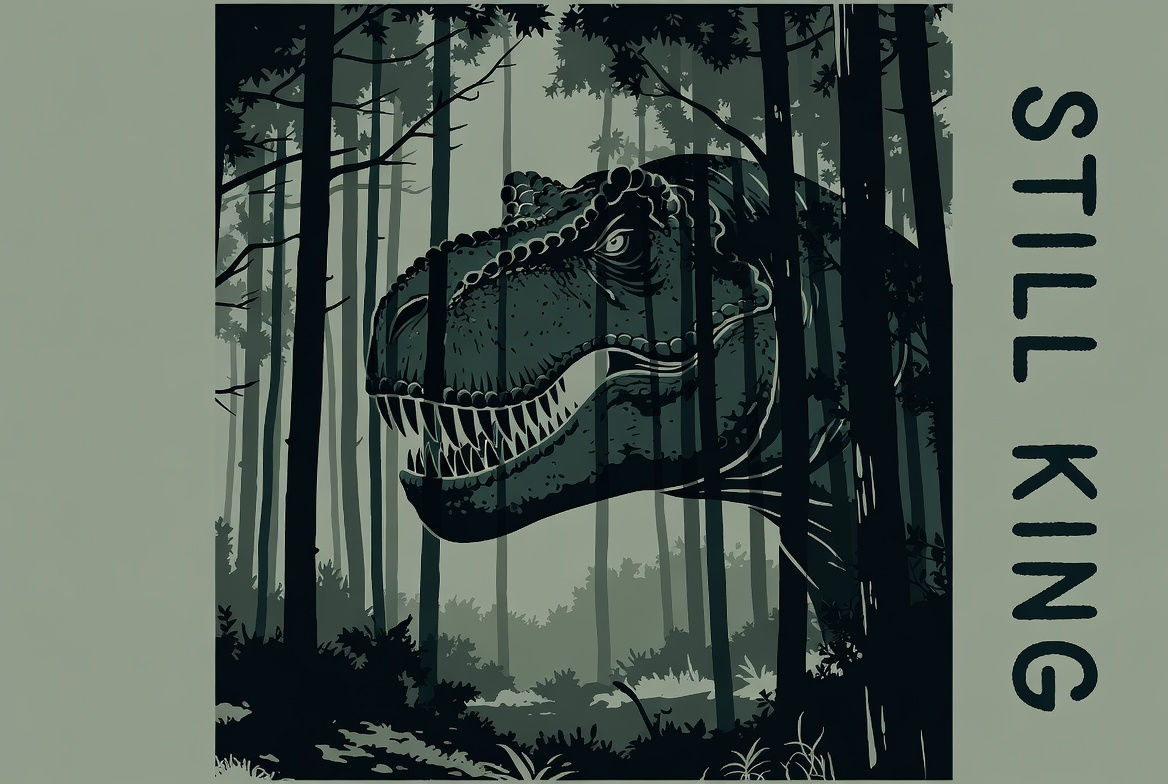 Detailed green T-Rex with a tropical forest silhouette in shades of green and black and “Still King” text in black and green.