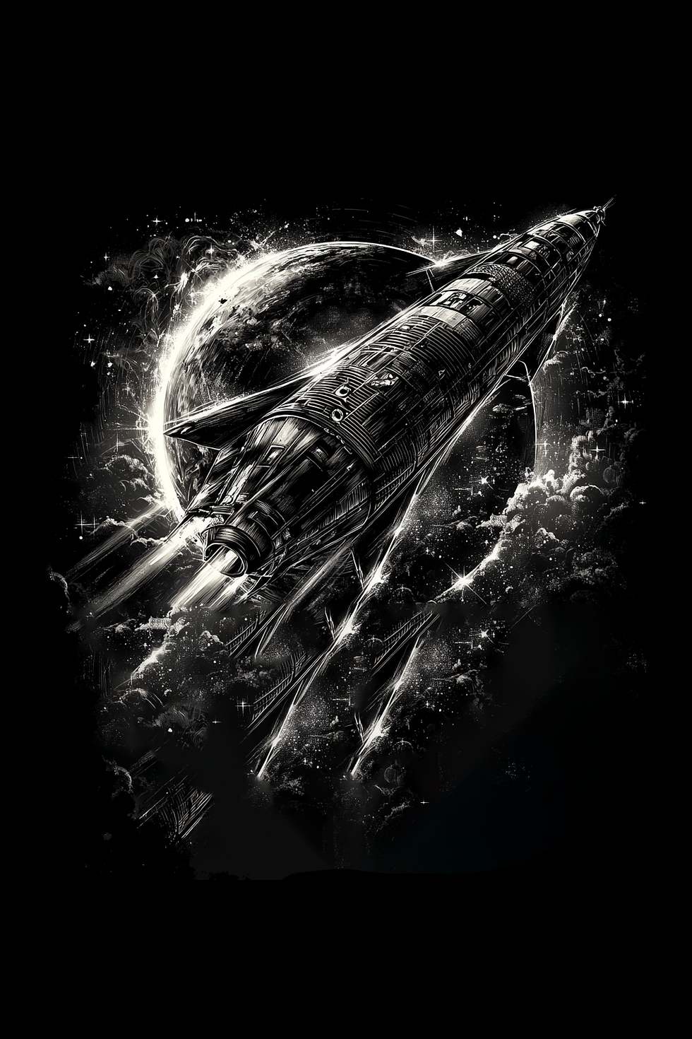 Retro black-and-white finned rocket flying past a glowing eclipse planet, blasting exhaust from three engines.