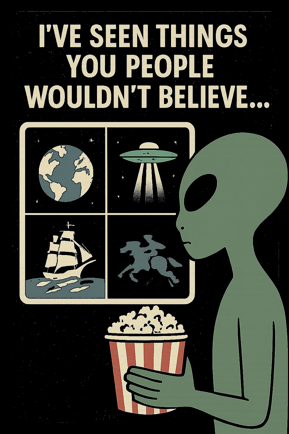 Green alien, grid showing Earth, UFO, Mayflower, and Paul Revere with text “I’ve seen things you people wouldn’t believe.”