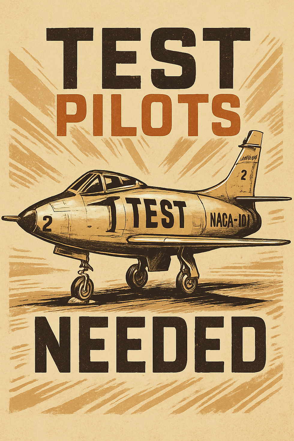 Test Pilots Needed artwork showing vintage-style recruitment poster design with inspired by NACA test flight programs.