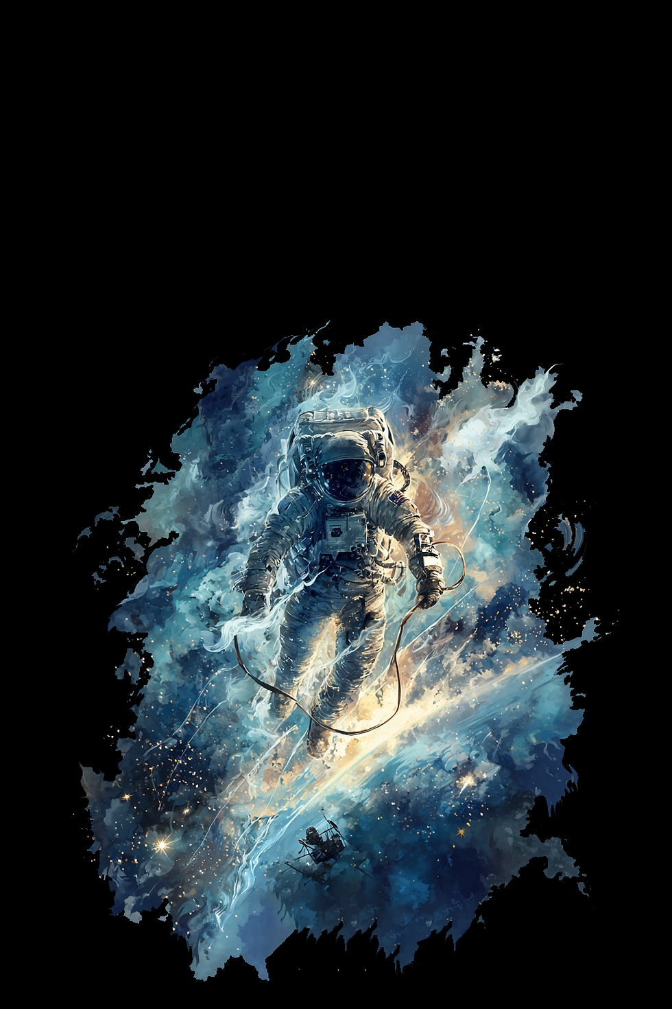 Full-body astronaut in warm blue lighting with stars and sunlight behind in Astronaut Spacewalk Art v1.