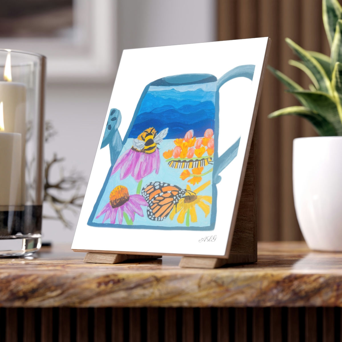 Watering Can Native Plants- Original Art- Copy on Ceramic Photo Tile 6"x8"