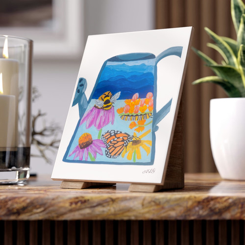 Watering Can Native Plants- Original Art- Copy on Ceramic Photo