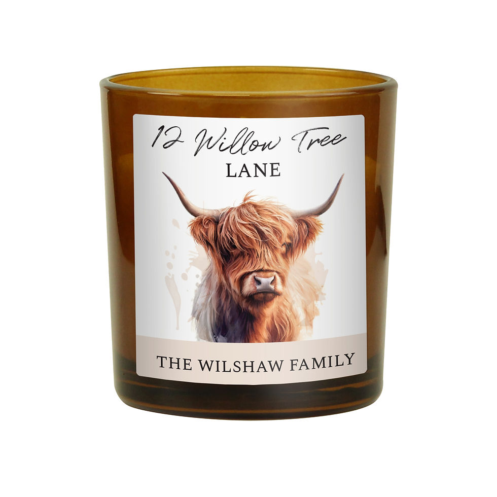 Thumbnail: Personalised Highland Cow Amber Glass Candle