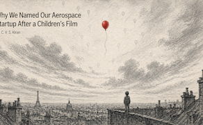 A pencil sketch of a boy looking up at a single red balloon rising into a vast grey sky above Parisian rooftops, illustrating the story behind the name Red Balloon Aerospace.