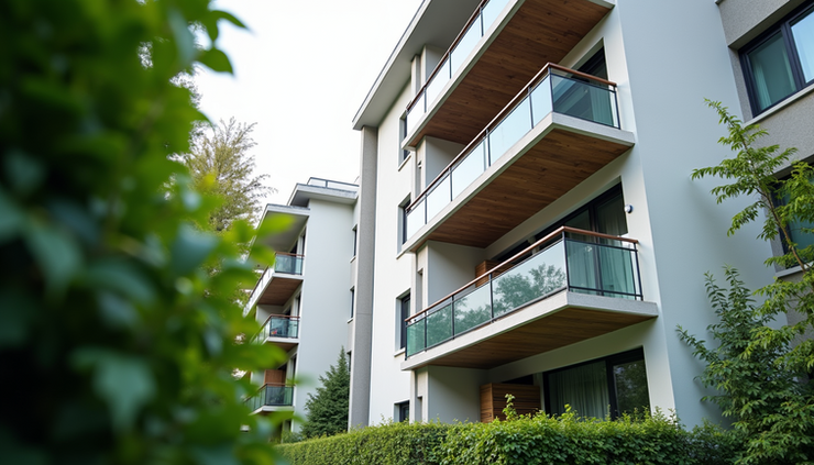 Eye-level view of a modern four-unit multifamily building with balconies and greenery