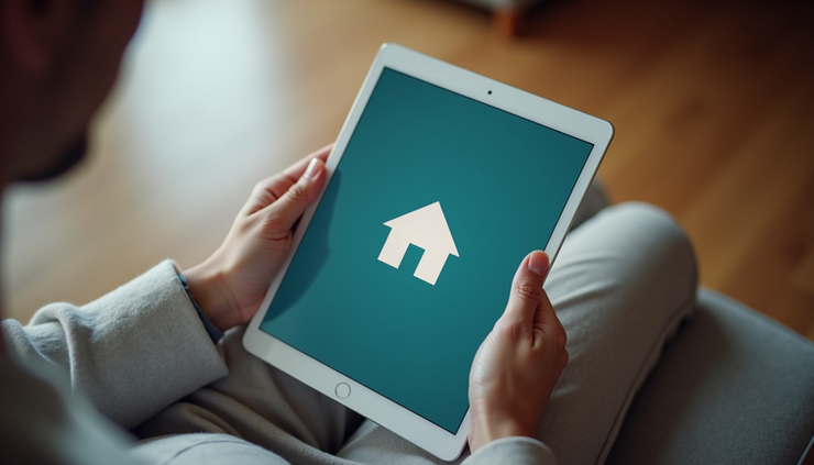 High angle view of a person taking a quiz on a tablet with a house icon on the screen