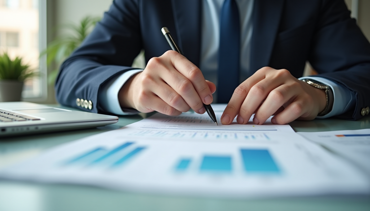 Eye-level view of a person reviewing financial documents and credit reports at a desk