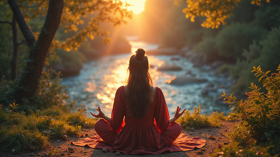 High angle view of a person meditating outdoors surrounded by nature