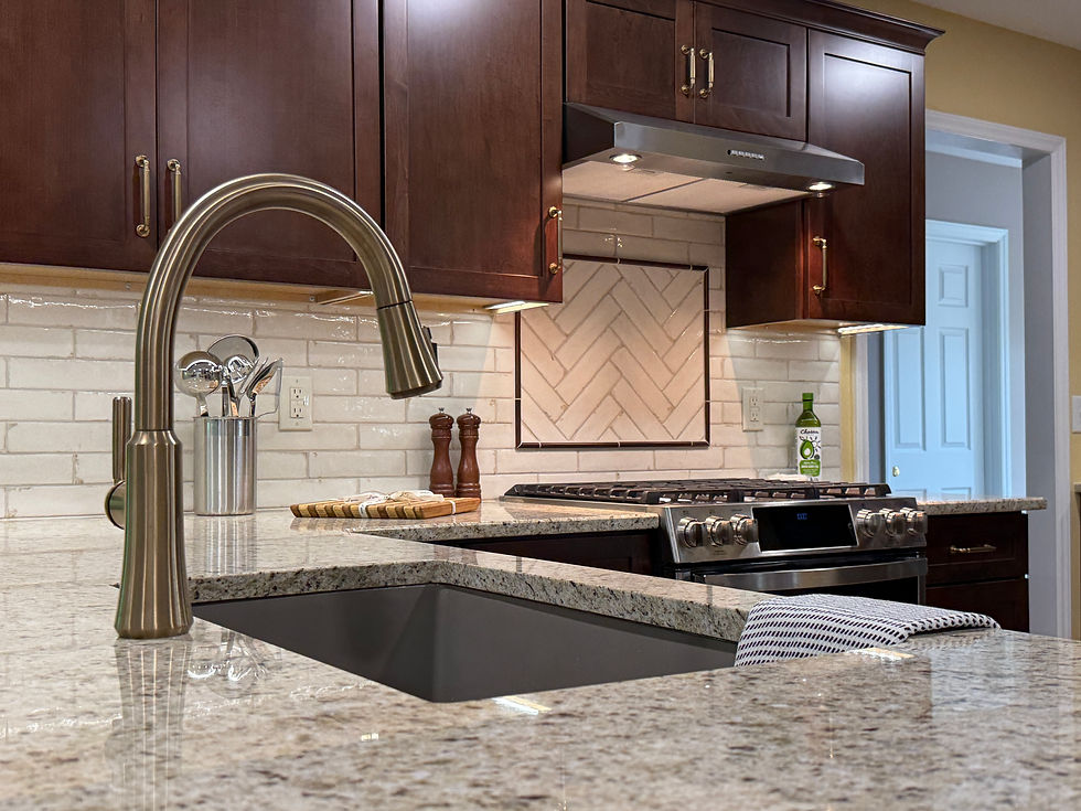 A newly remodeled kitchen showcases a brighter ambiance with elegant granite countertops, rich wooden cabinets, and sleek stainless steel fixtures, creating a harmonious and inviting space.
