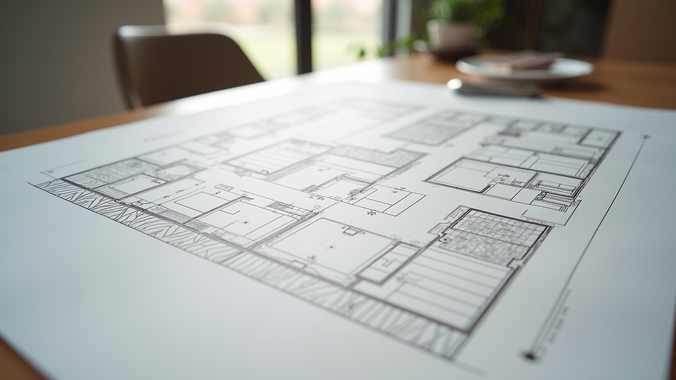 Eye-level view of a modern bathroom layout plan on a table