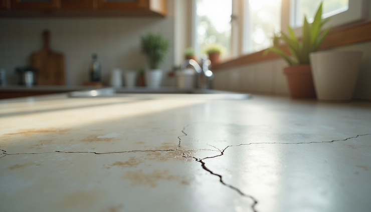 Eye-level view of a worn kitchen countertop with visible cracks and stains