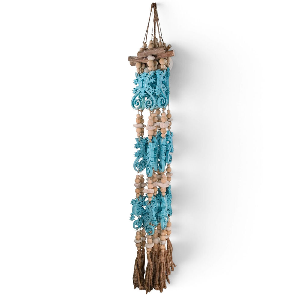 Blue gecko wall hanging with wood, stone, cord, and driftwood details