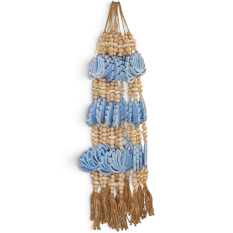 Three-tier decorative hanging with blue wood lotuses and natural accents.