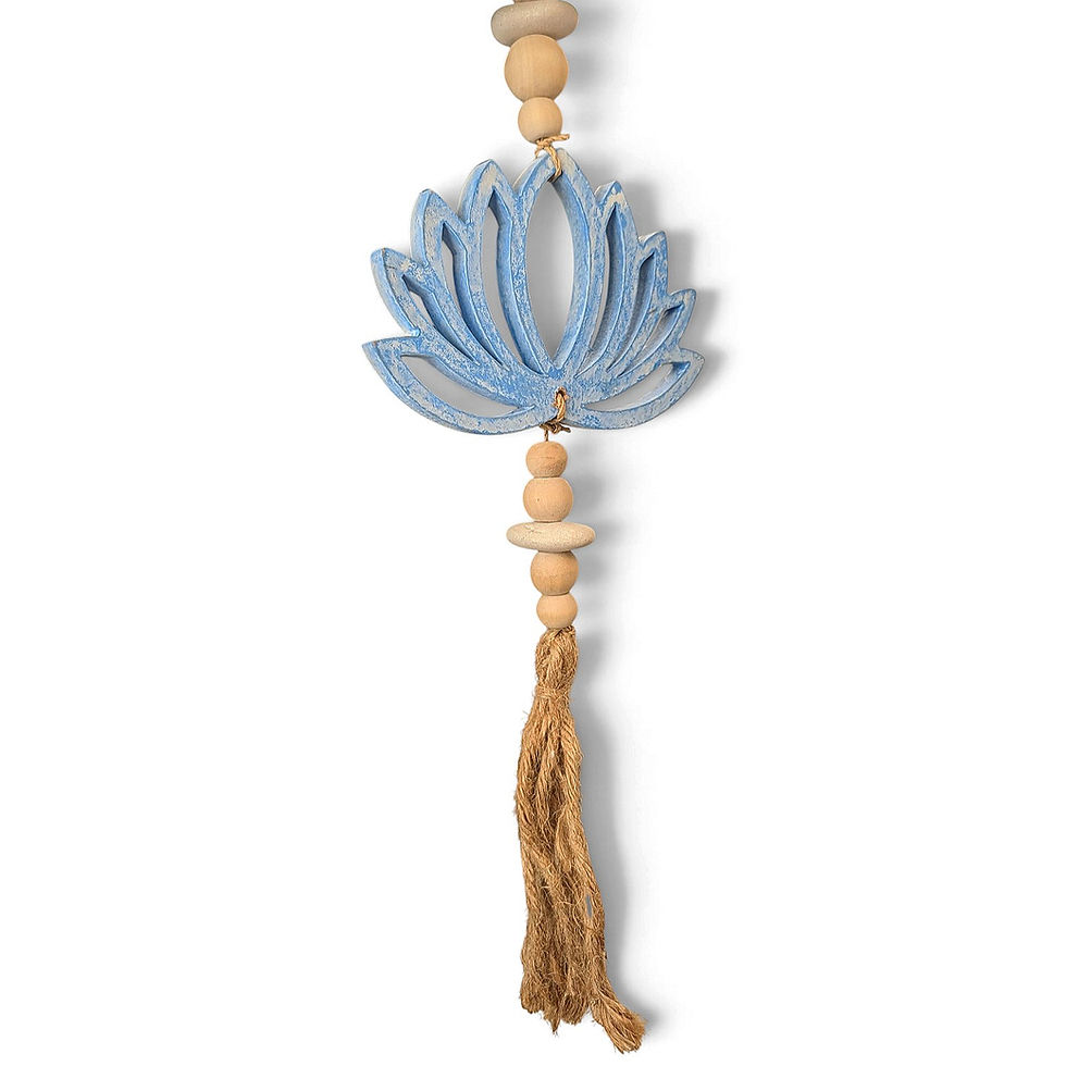 Thumbnail: Tiered bead ornament with stacked blue lotus flowers and thick jute tassels at the bottom.