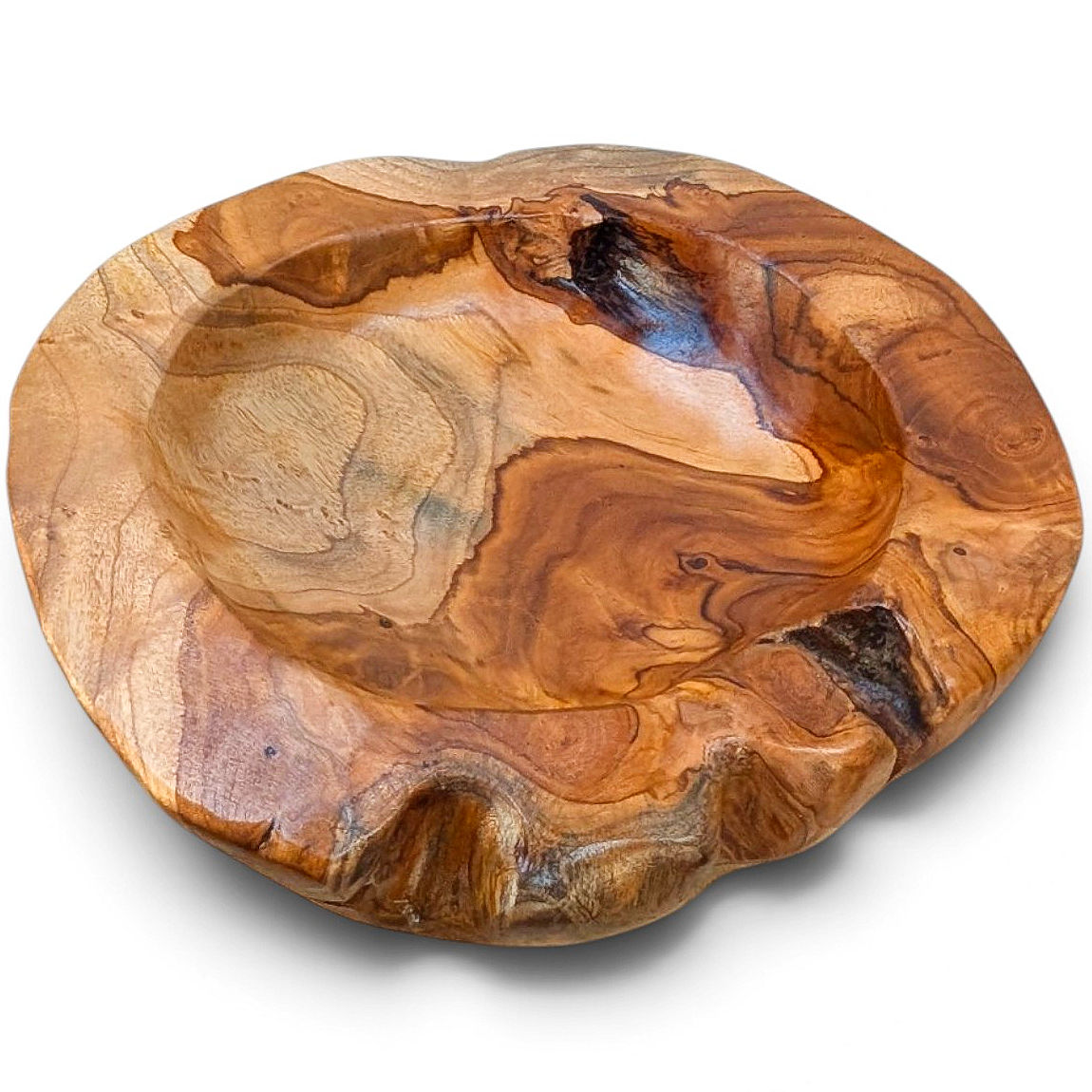 Hand-carved teak fruit bowl with a broad organic rim