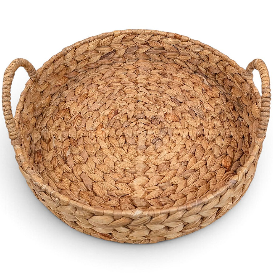Round wicker basket with a shallow profile and two loop handles