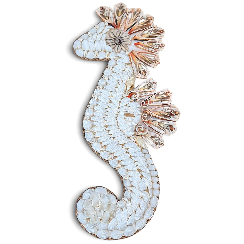 Seashell seahorse wall hanging covered with layered white shells