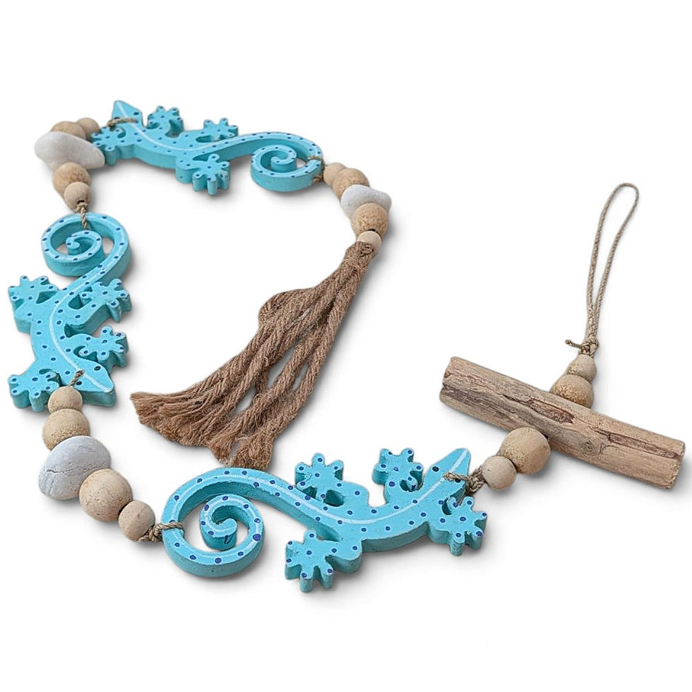 Beaded gecko garland featuring assorted rounded wooden beads
