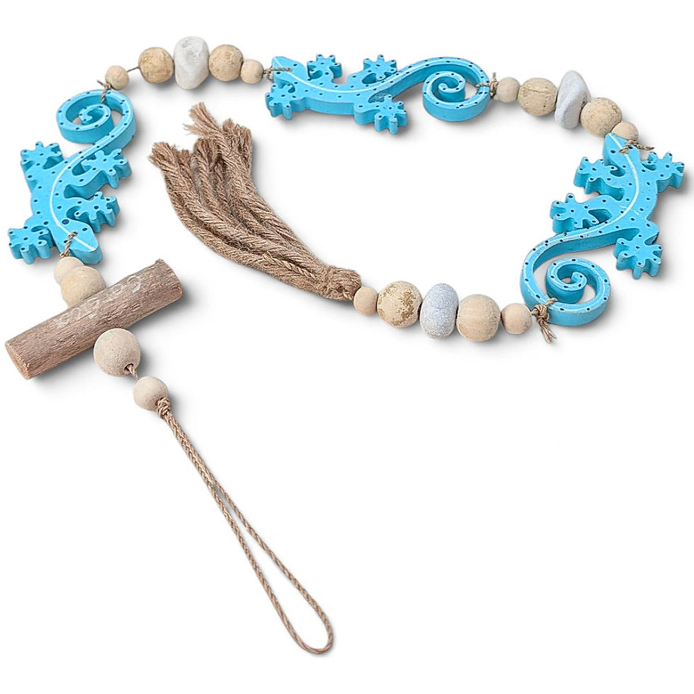 Beaded gecko garland featuring assorted rounded wooden beads