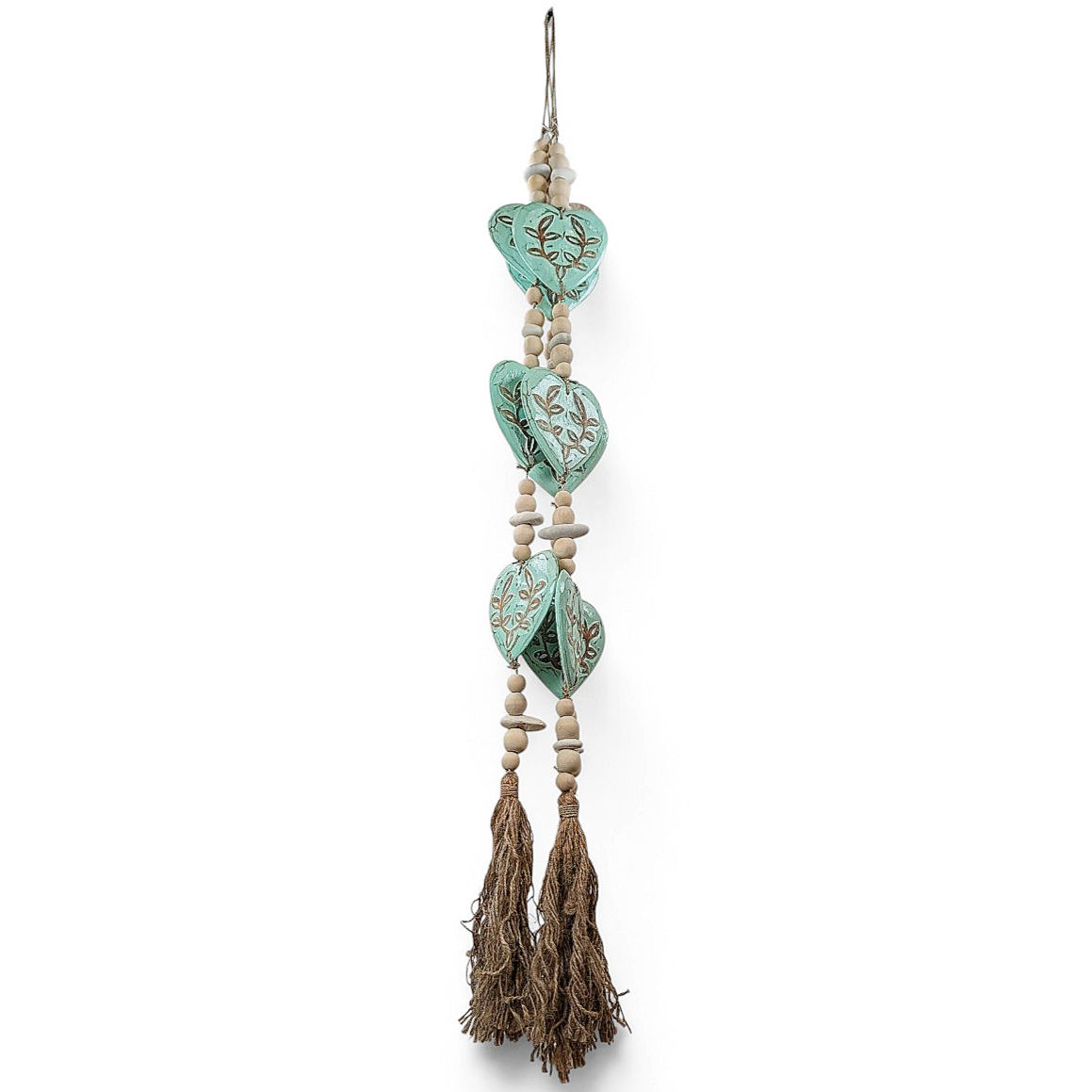 Turquoise heart wall hanging garland featuring etched leaf patterns and jute tassels.