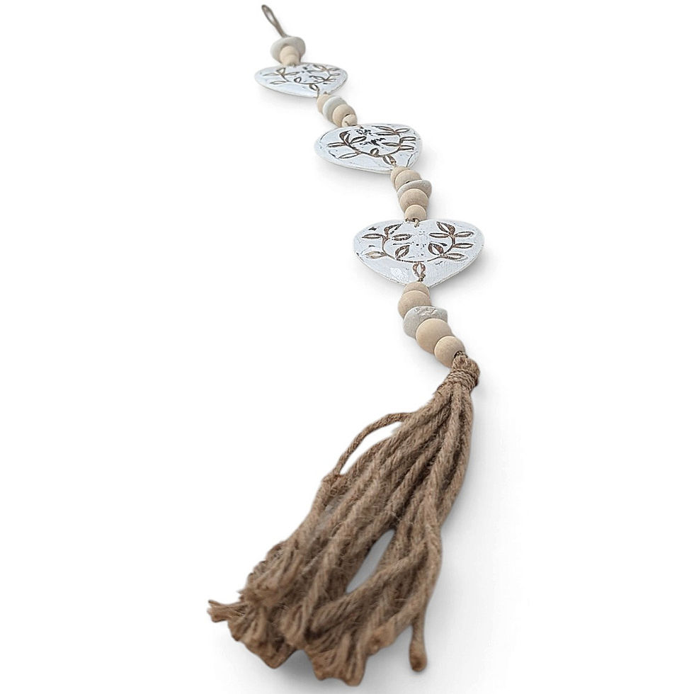 Thumbnail: White clay heart garland accented with light tan round wooden beads.